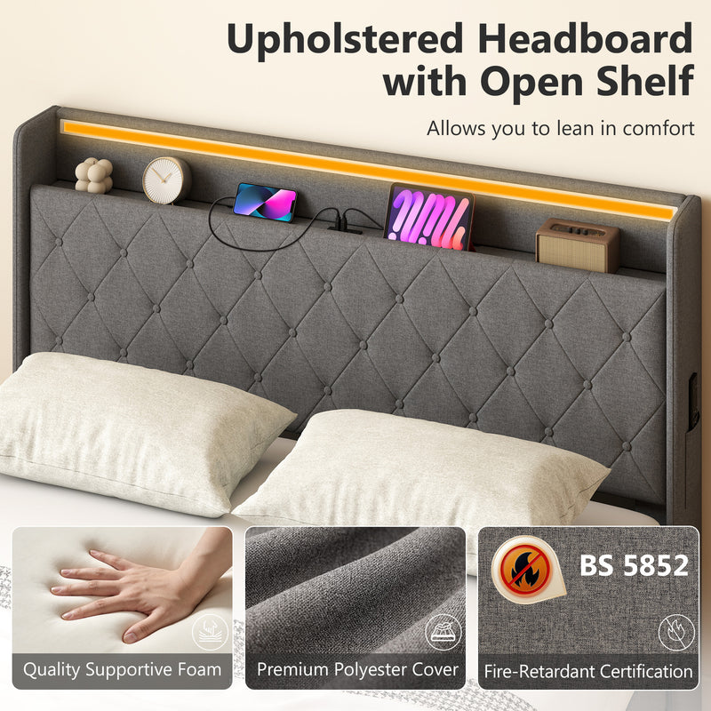 King Size Ottoman Storage Bed Frame with USB Charging and LED Lighting Dark Grey AOSOM