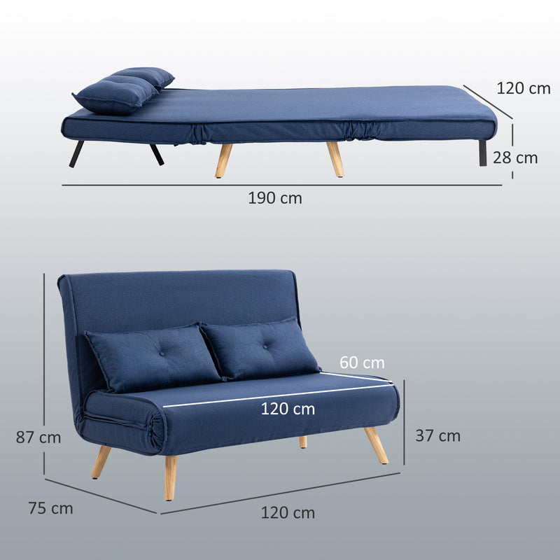 Two Seater Linen Look Sofa Bed Converts to Guest Sleeper for Small Spaces Dark Blue