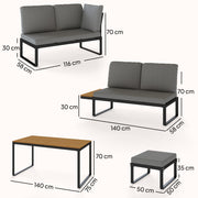 Outdoor Modular Sofa Dining Set for 8 with Cushions and Dining Table Grey and Wood Effect Outsunny