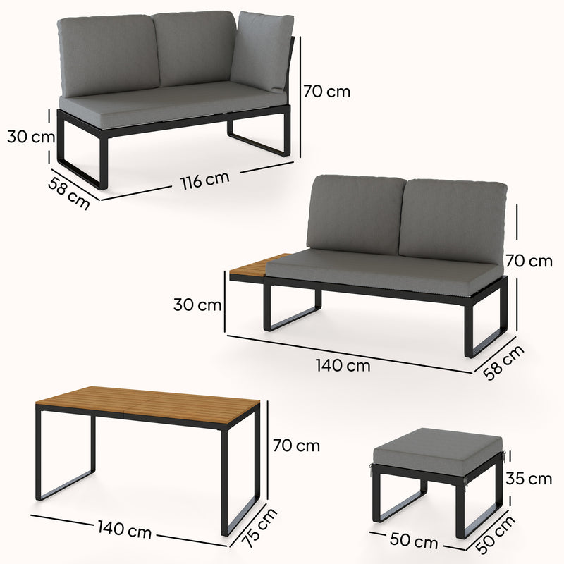 Outdoor Modular Sofa Dining Set for 8 with Cushions and Dining Table Grey and Wood Effect Outsunny