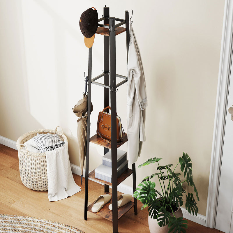 Industrial Coat Stand with 8 Hooks and 4 Storage Shelves for Hallway Organisation, Rustic Brown