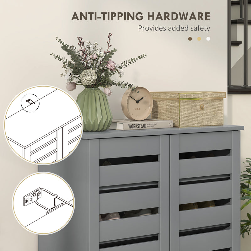 Slim Shoe Cabinet with Slatted Doors, Adjustable Shelves for Hallway, Dark Grey