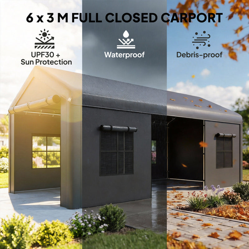 Carport with Full Weather Protection for Cars and Outdoor Storage 3 x 6 m Dark Grey Outsunny