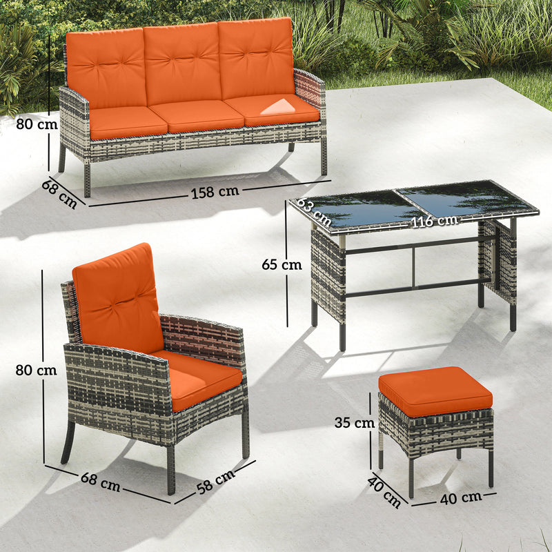 6 Seater Rattan Garden Furniture Set With Cushions And Dining Table For Patio Orange