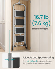 4 Step Folding Ladder with Safety Lock Non Slip Feet in Dove Grey for Home Use by Songmics