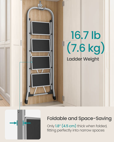 4 Step Folding Ladder with Safety Lock Non Slip Feet in Dove Grey for Home Use by Songmics