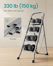 4 Step Folding Ladder with Safety Lock Non Slip Feet in Dove Grey for Home Use by Songmics
