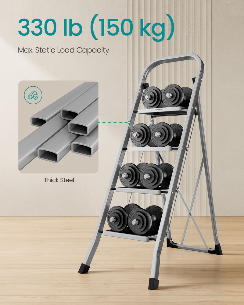 4 Step Folding Ladder with Safety Lock Non Slip Feet in Dove Grey for Home Use by Songmics