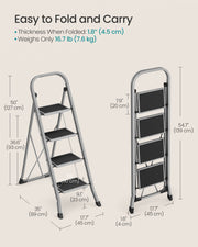 4 Step Folding Ladder with Safety Lock Non Slip Feet in Dove Grey for Home Use by Songmics