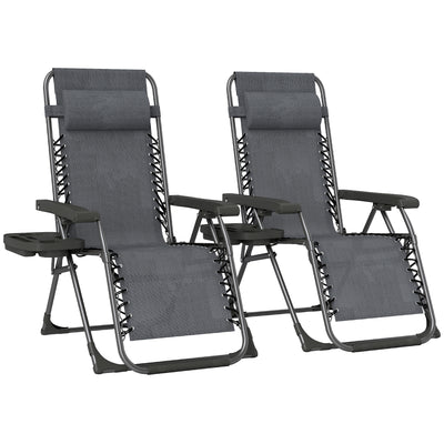 Outsunny Zero Gravity Chairs Set of 2, Folding Sunloungers Reclining Garden Chairs with Cup Holder, Headrest, Dark Grey AOSOM
