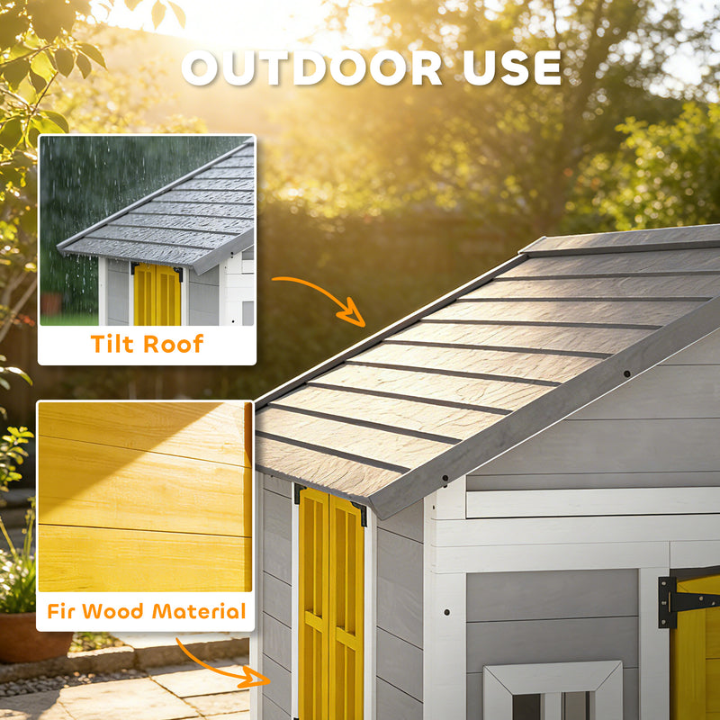 Wooden Outdoor Playhouse for Children with Planter Boxes and Weatherproof Shelter Grey Yellow White Outsunny