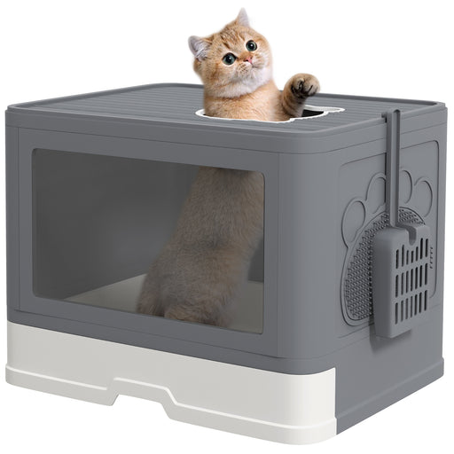 Enclosed Hooded Cat Litter Box with Drawer Scoop and Top Exit Design for Easy Cleaning, Grey