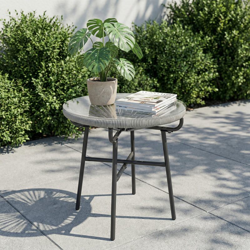 Outdoor Rattan Side Table with Glass Top for Drinks and Snacks Black Outsunny