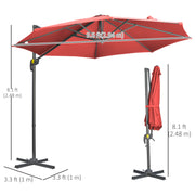 Wine Red 3 x 3m Cantilever Parasol With Crank Handle And Cross Base For Garden Shade