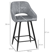 Set of 2 Velvet Bar Stools with Steel Legs for Kitchen Island or Dining Area Grey