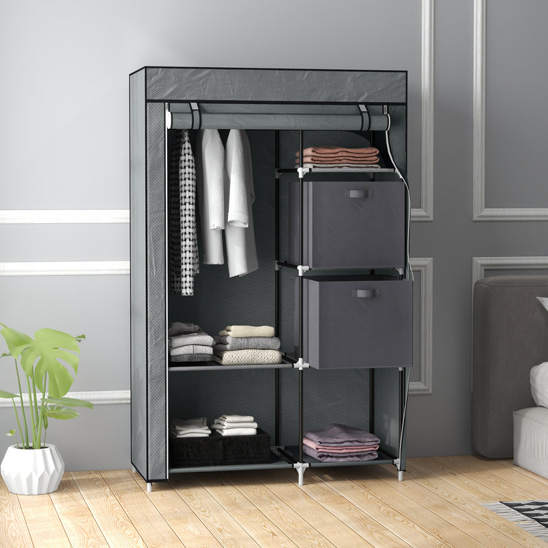 Dark Grey Fabric Portable Wardrobe With Hanging Rail and Storage Drawers by HOMCOM