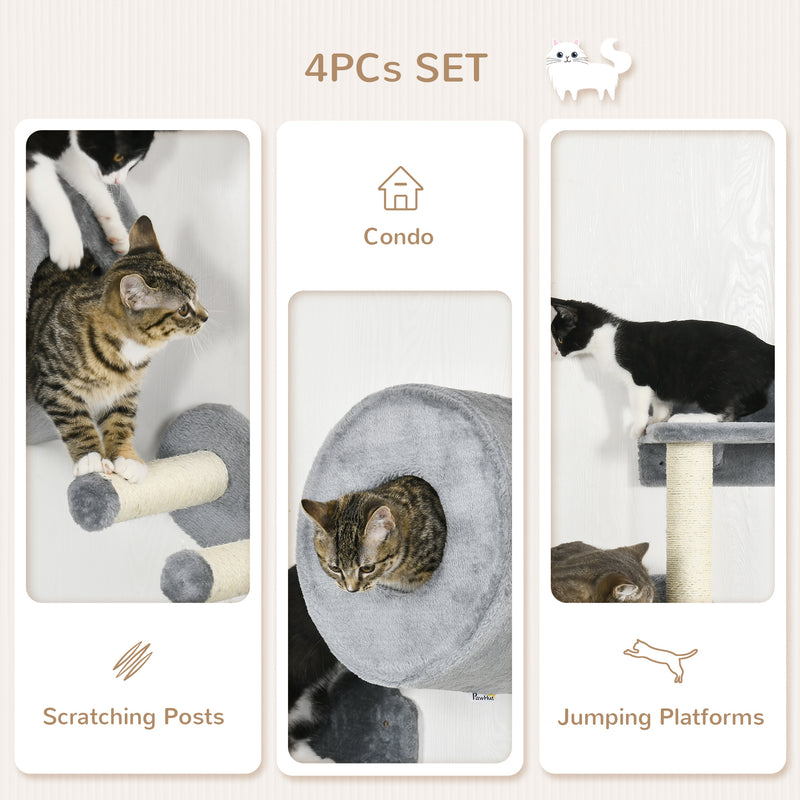Wall Mounted Cat Tree Set with Steps Perch and House Ideal for Climbing and Play Grey