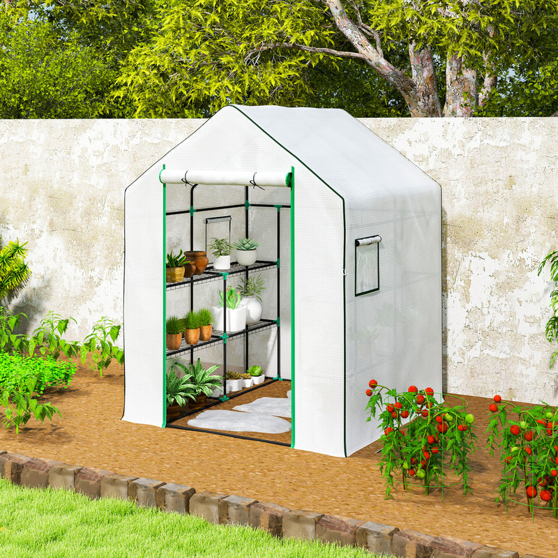 Mini Walk In Greenhouse 143 x 140cm with Shelves and Cover White by Outsunny