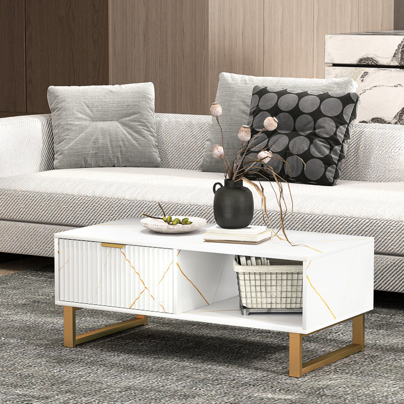 White Marble Effect Coffee Table with Hidden Storage and Sleek Design by HOMCOM