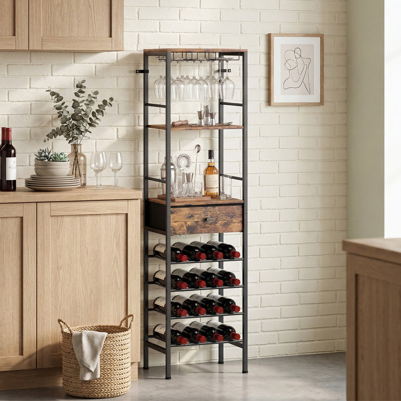 Slim Wine Rack for Small Spaces with Bottle and Glass Storage Rustic Brown Black Homcom