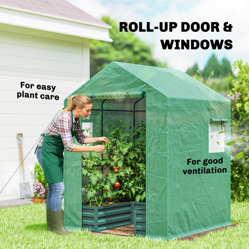 Mini Walk In Greenhouse With Raised Bed And Roll Up Windows For Garden Growing Green Outsunny