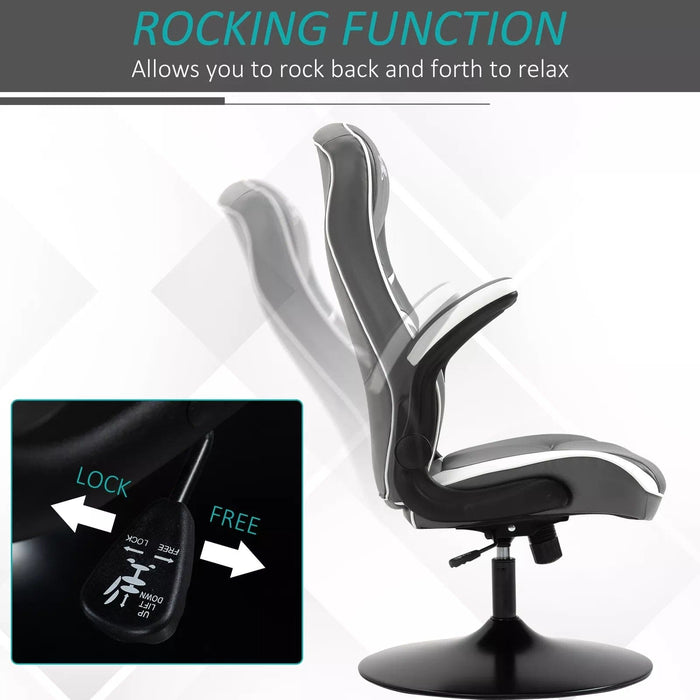 Image of a Grey Gaming Chair With Swivel Base, Adjustable Arms, Rocking Backrest, and Adjustable Height. It provides superior comfort for the ultimate gaming experience.