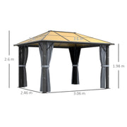 3 x 3.6m Aluminium Garden Gazebo With Polycarbonate Hardtop Roof, Mesh Curtains & Side Walls - Grey Outsunny