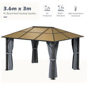 3 x 3.6m Aluminium Garden Gazebo With Polycarbonate Hardtop Roof, Mesh Curtains & Side Walls - Grey Outsunny