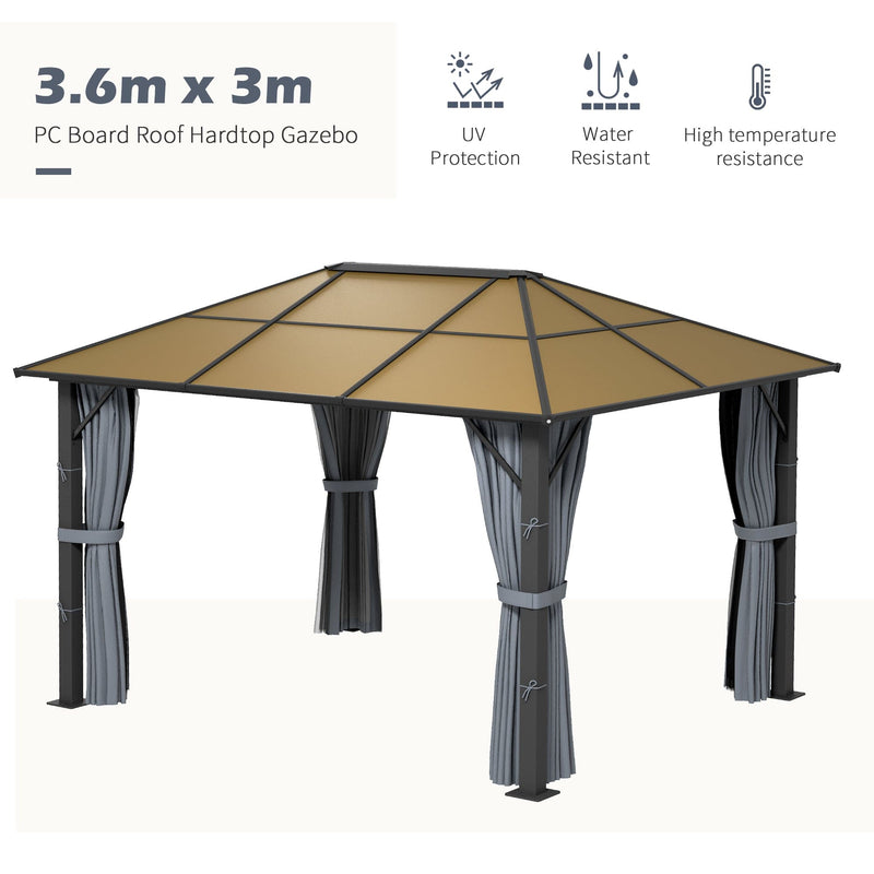 3 x 3.6m Aluminium Garden Gazebo With Polycarbonate Hardtop Roof, Mesh Curtains & Side Walls - Grey Outsunny