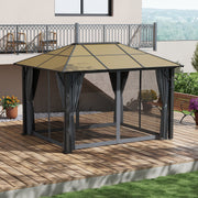 3 x 3.6m Aluminium Garden Gazebo With Polycarbonate Hardtop Roof, Mesh Curtains & Side Walls - Grey Outsunny