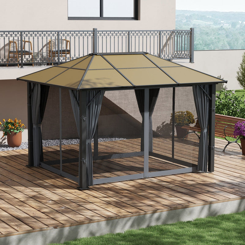 3 x 3.6m Aluminium Garden Gazebo With Polycarbonate Hardtop Roof, Mesh Curtains & Side Walls - Grey Outsunny