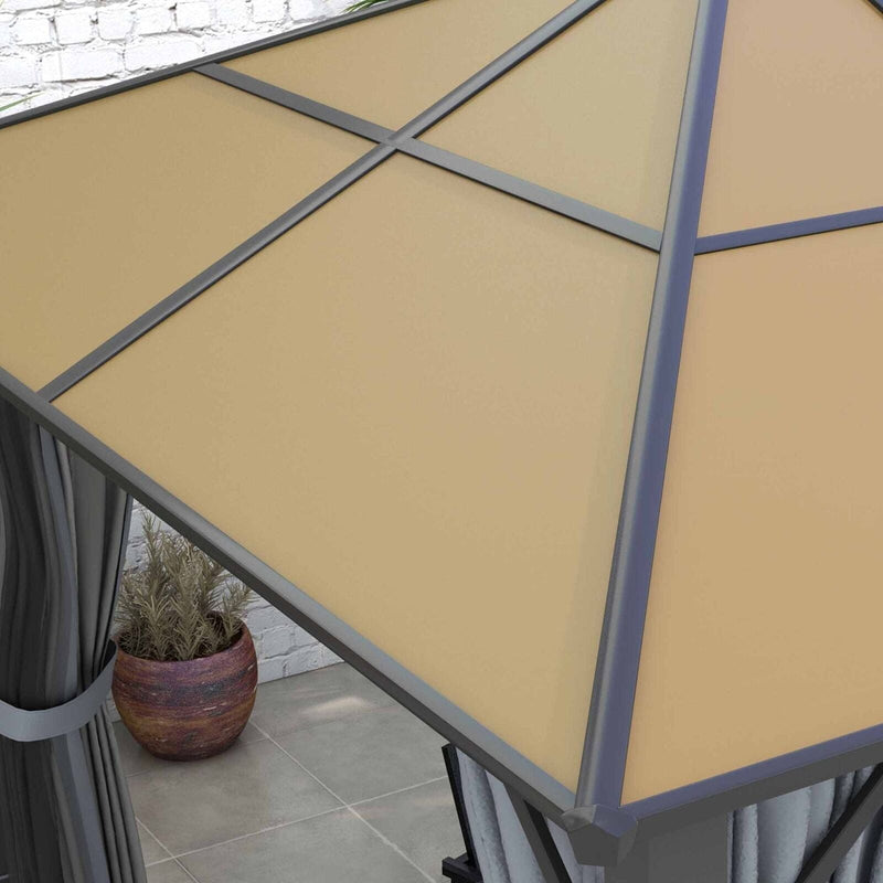 3 x 3.6m Aluminium Garden Gazebo With Polycarbonate Hardtop Roof, Mesh Curtains & Side Walls - Grey Outsunny