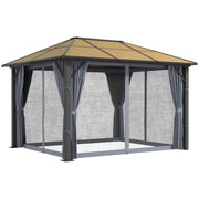 3 x 3.6m Aluminium Garden Gazebo With Polycarbonate Hardtop Roof, Mesh Curtains & Side Walls - Grey Outsunny