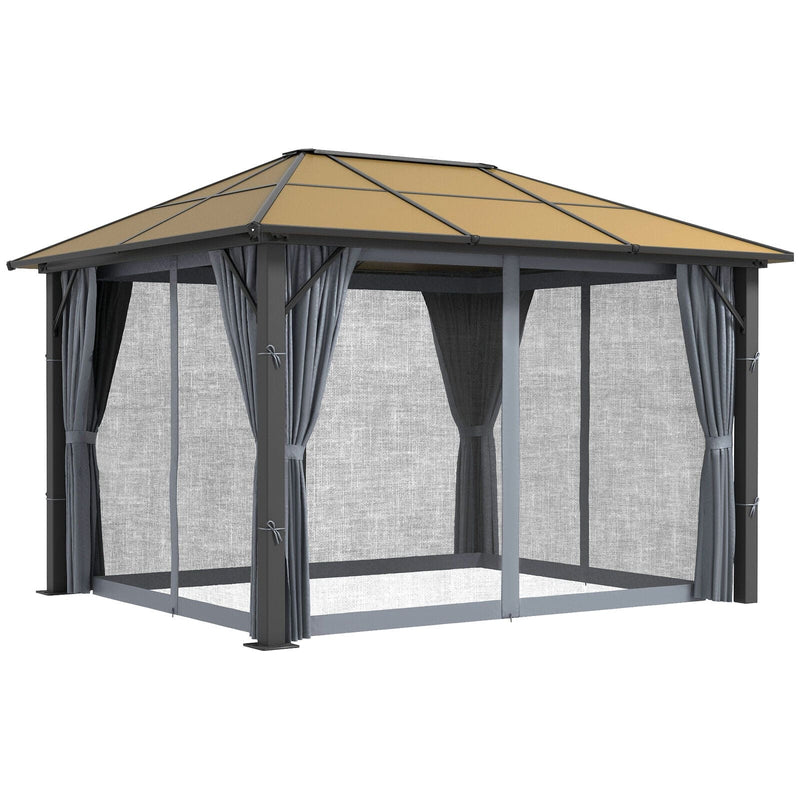 3 x 3.6m Aluminium Garden Gazebo With Polycarbonate Hardtop Roof, Mesh Curtains & Side Walls - Grey Outsunny