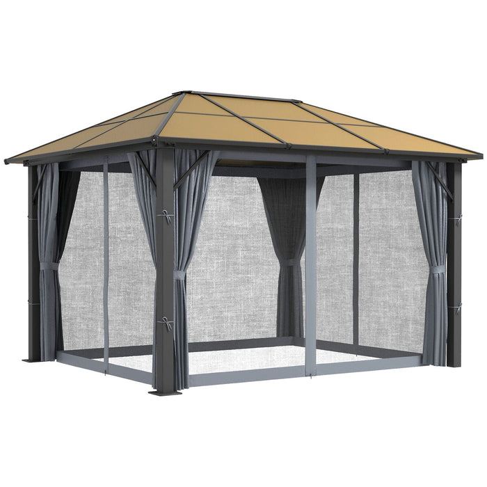 3 x 3.6m Aluminium Garden Gazebo With Hardtop Roof, Mesh Curtains & Side Walls - Grey