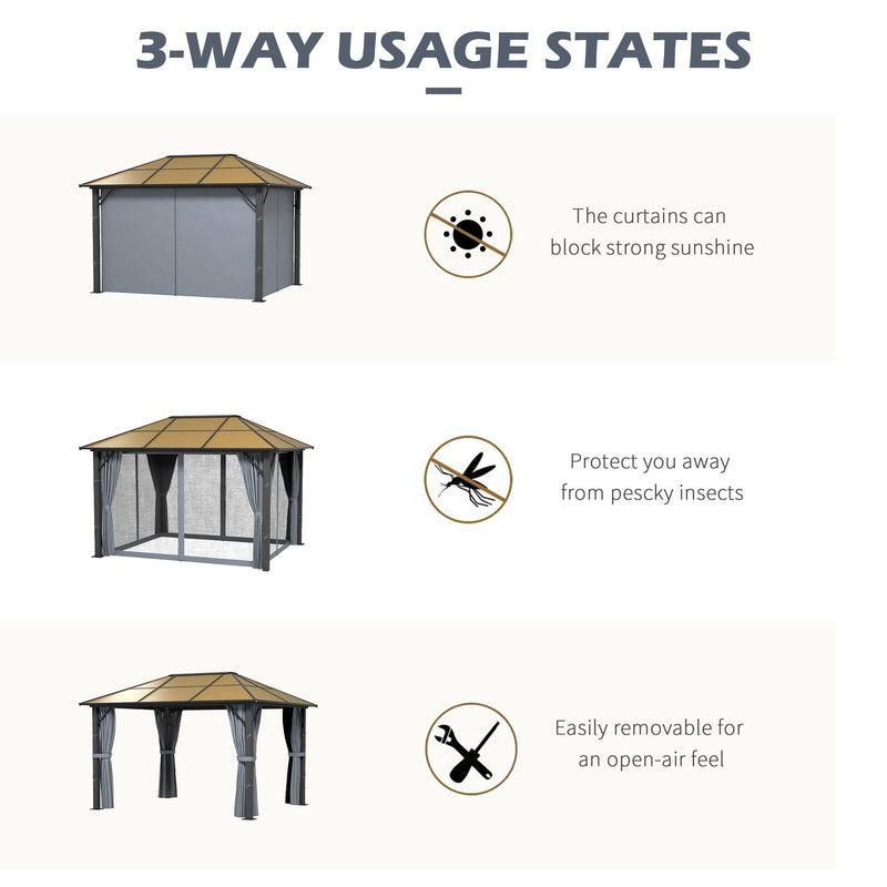 3 x 3.6m Aluminium Garden Gazebo With Polycarbonate Hardtop Roof, Mesh Curtains & Side Walls - Grey Outsunny