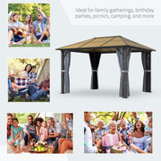 3 x 3.6m Aluminium Garden Gazebo With Polycarbonate Hardtop Roof, Mesh Curtains & Side Walls - Grey Outsunny