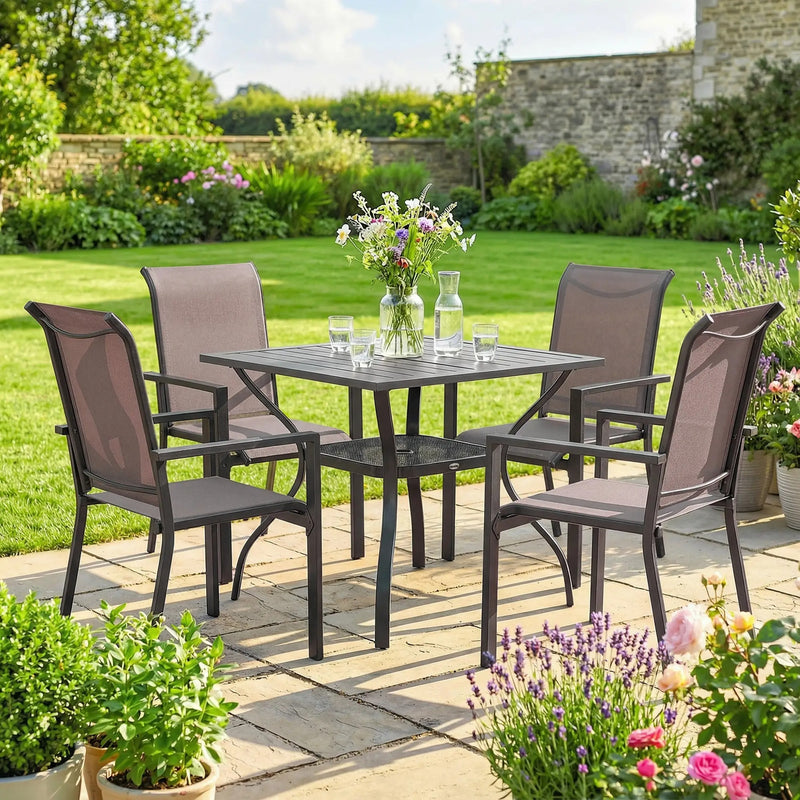 Garden Dining Set for 4 with Stackable Mesh Chairs and Square Table With Umbrella Hole Outsunny