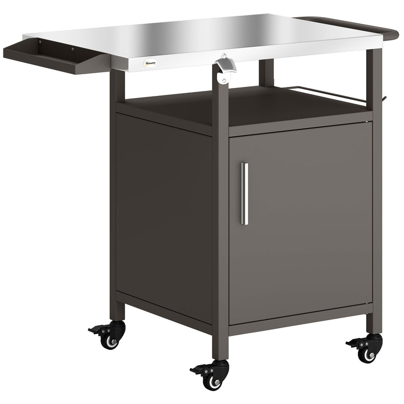 Garden BBQ Prep Table with Stainless Steel Top and Storage for Outdoor Cooking Brown