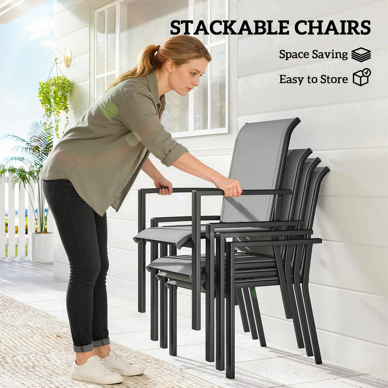 Garden Dining Set for 4 with Stackable Mesh Chairs and Square Table With Umbrella Hole Outsunny