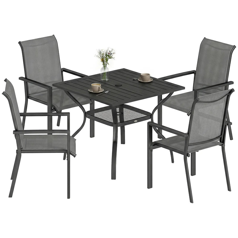 Garden Dining Set for 4 with Stackable Mesh Chairs and Square Table With Umbrella Hole Outsunny