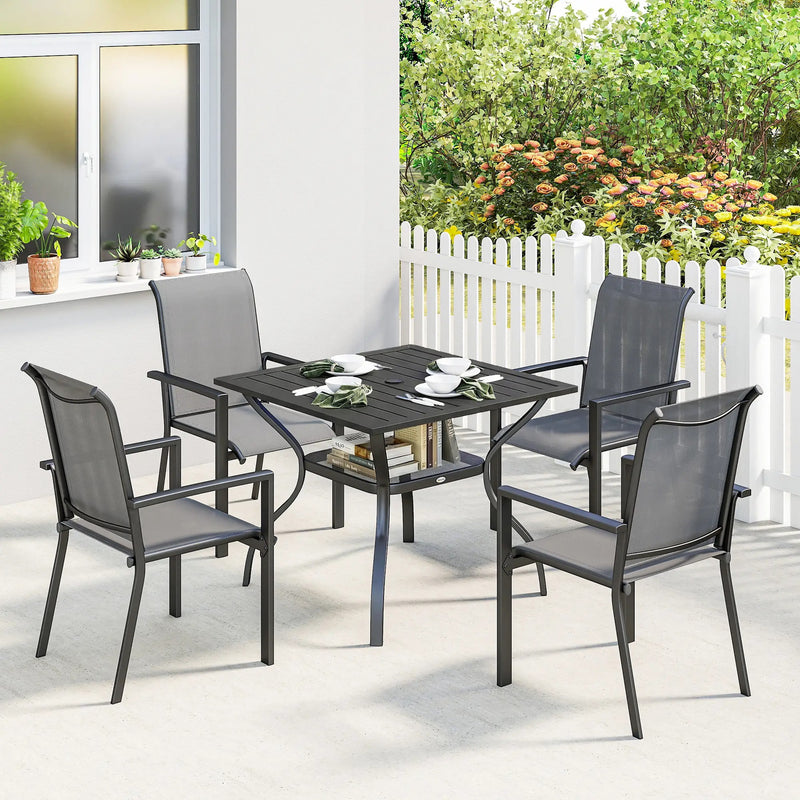 Garden Dining Set for 4 with Stackable Mesh Chairs and Square Table With Umbrella Hole Outsunny