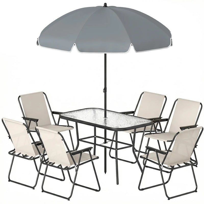 Garden Dining Set for 6 with Foldable Chairs, Glass Table and Umbrella for Easy Outdoor Meals Outsunny