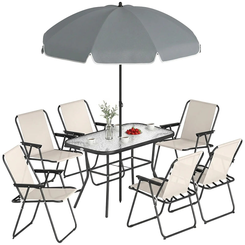 Garden Dining Set for 6 with Foldable Chairs, Glass Table and Umbrella for Easy Outdoor Meals Outsunny