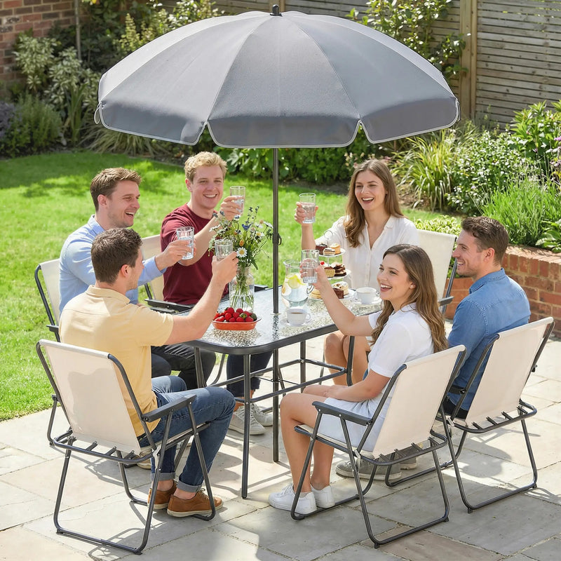 Garden Dining Set for 6 with Foldable Chairs, Glass Table and Umbrella for Easy Outdoor Meals Outsunny