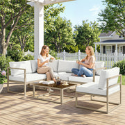 Garden Sofa Set with Gold Metal Frames Thick White Cushions and Coffee Table for Flexible Outdoor Seating