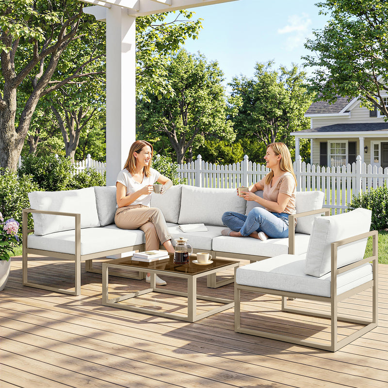 Garden Sofa Set with Gold Metal Frames Thick White Cushions and Coffee Table for Flexible Outdoor Seating