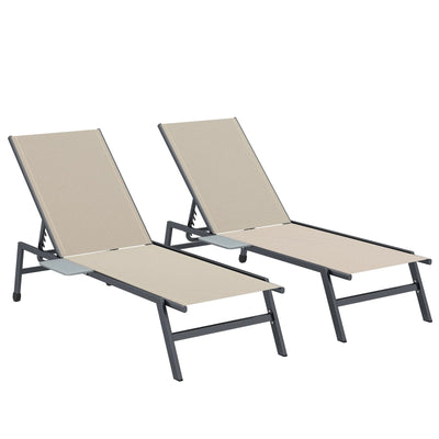Garden Sun Loungers Set for 2 with 5 Point Adjustable Backrest and Side Tray Table Outsunny