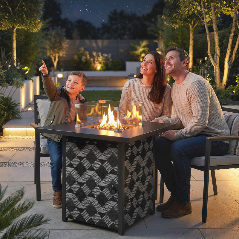 Gas Fire Pit Table with Glass Wind Guard for Warm Garden Gatherings and Coffee Table Use 40,000BTU Black