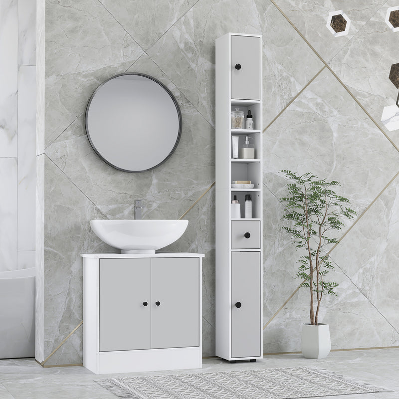 Slim 180cm Light Grey Bathroom Cabinet with Drawer Shelves and Cupboards for Extra Storage